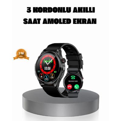 Amoled Ekranlı Smartwatch – 3 Kordonlu, Kalp Atış & Uyku Takipli Akıllı Saat
