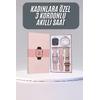 Akıllı Saat 3 Kordonlu Ve Aksesuarlı Bayanlar Için Şık Rose Renk